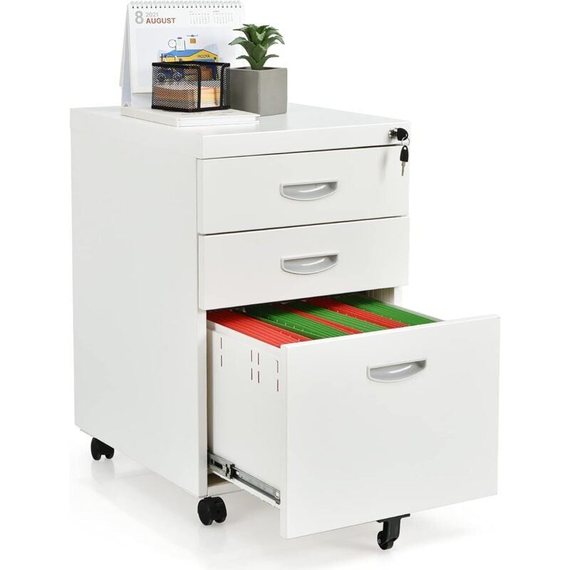 Costway - Rollcontainer Metall, Büroschrank mit 3 Schubladen, Aktenschrank abschliessbar, Bürocontainer mobil, für Dokumente/Briefe in A4-Groesse,