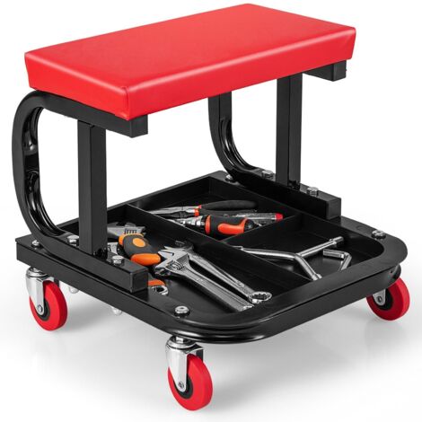 COSTWAY Rolling Creeper Garage/Shop Seat with Tool Tray Storage-Red