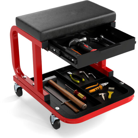 COSTWAY Rolling Creeper Seat Padded Mechanic Stool with Drawer-Black