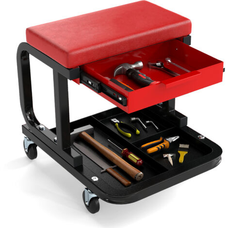 COSTWAY Rolling Creeper Seat Padded Mechanic Stool with Drawer-Red
