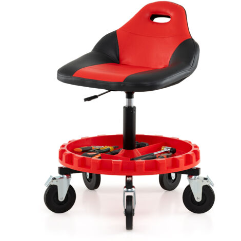 COSTWAY Rolling Garage Stool Mechanic Stool on Wheels w/Tool Tray Storage-Red