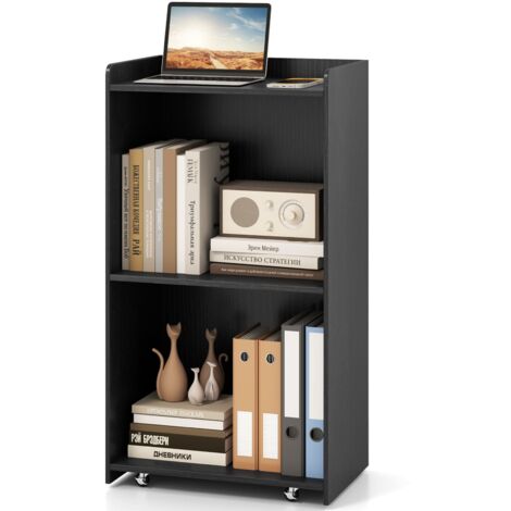 COSTWAY Rolling Lectern Stand 105 cm Presentation Podium w/2 Shelves-Black