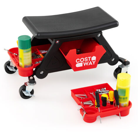 COSTWAY Rolling Mechanic Stool Heavy-Duty Garage Stool on Wheels-Red