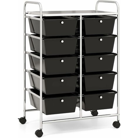 COSTWAY Rollwagen mit 10 stapelbaren Schubladen, Schubladenwagen Rollcontainer mit Metallgestell und Ablagefläche, Badrollwagen Aufbewahrungswagen für Büro, Wohnzimmer, 65,5 x 37 x 87 cm(Schwarz)