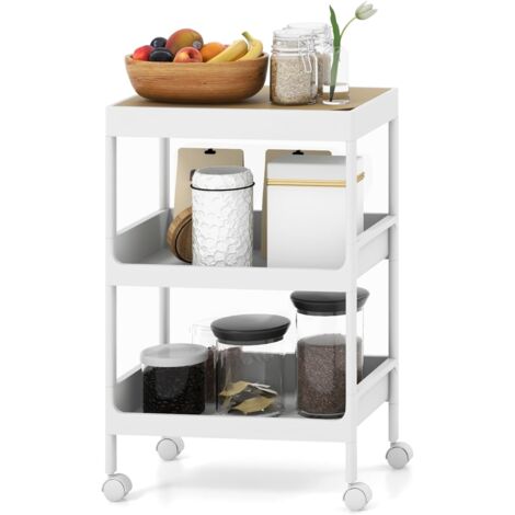 COSTWAY Rollwagen mit 3 Ebenen, Servierwagen mit Rollen und abnehmbarem Tablett, Allzweckwagen, Küchenwagen, Aufbewahrungswagen für Küche, Badezimmer, 40 x 26 x 61 cm, Weiß