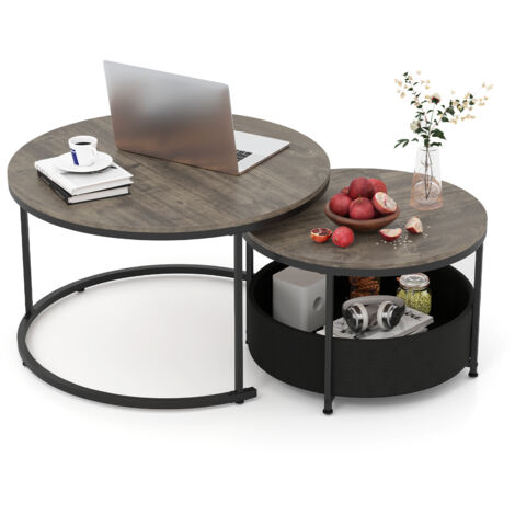 COSTWAY Round Coffee Table Set of 2 80 & 60 CM Circle Cocktail Table-Grey