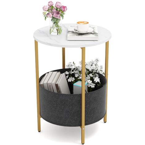 COSTWAY Round End Table Small Space 2-Tier Side Table w/ Fabric Basket-White
