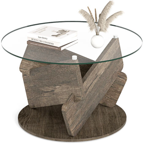 COSTWAY Round Glass Coffee Table 81cm Modern Center Table-Grey