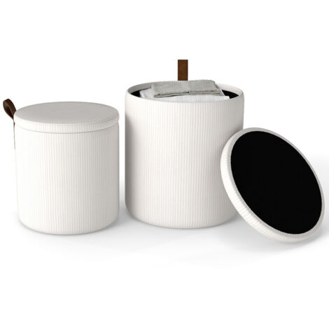 COSTWAY Round Ottoman Set of 2 Nesting Upholstered Vanity Stools-Beige