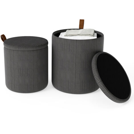 COSTWAY Round Ottoman Set of 2 Nesting Upholstered Vanity Stools-Grey