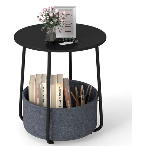 COSTWAY Round Side Table 2-Tier End Table with Fabric Storage Basket-Black