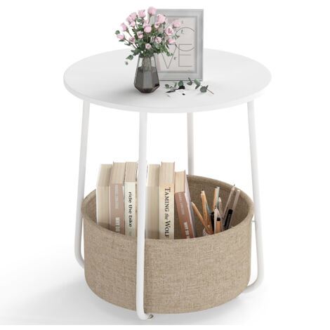 COSTWAY Round Side Table 2-Tier End Table with Fabric Storage Basket-White