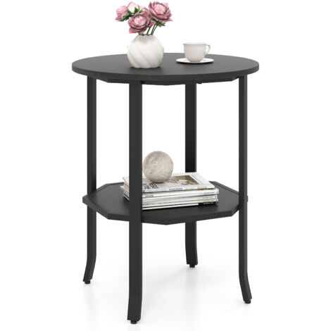 COSTWAY Round Side Table 2-Tier End Table with Storage Shelf-Black