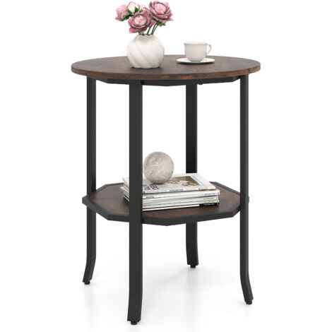 COSTWAY Round Side Table 2-Tier End Table with Storage Shelf-Brown