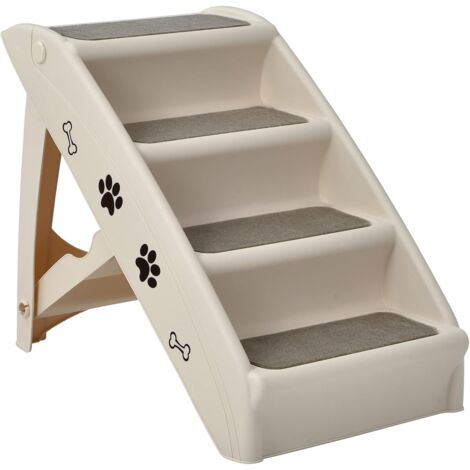 COSTWAY rutschfeste Hundetreppe klappbar mit Halterung 4-stufen, Haustiertreppe Katzentreppe mit Teppichboden 62,5 x 39 x 49cm Beige