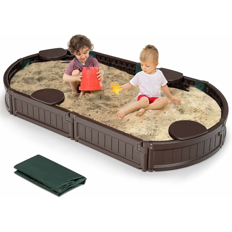 Sabbiera per Bambini con Coperchio Impermeabile, Ideale per Giardino, Cortile e Spiaggia,183 x 105 x 21 cm, Marrone - Costway