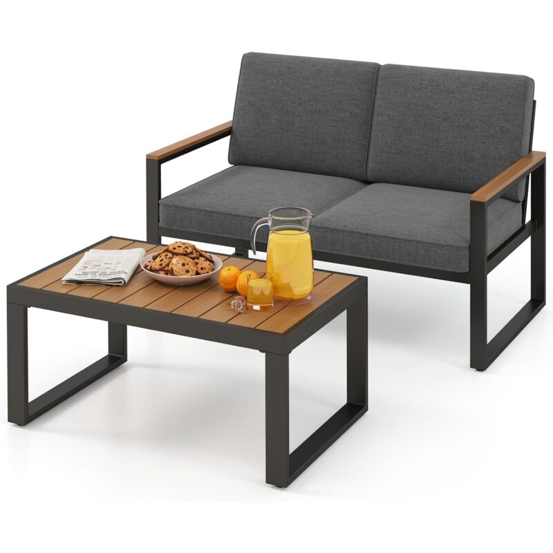 Salon de Jardin 2 Pièces avec Table Basse Causeuse, Ensemble de Meubles d'Extérieur en Aluminium avec Accoudoirs et Plateau en Bois-Plastique Canapé