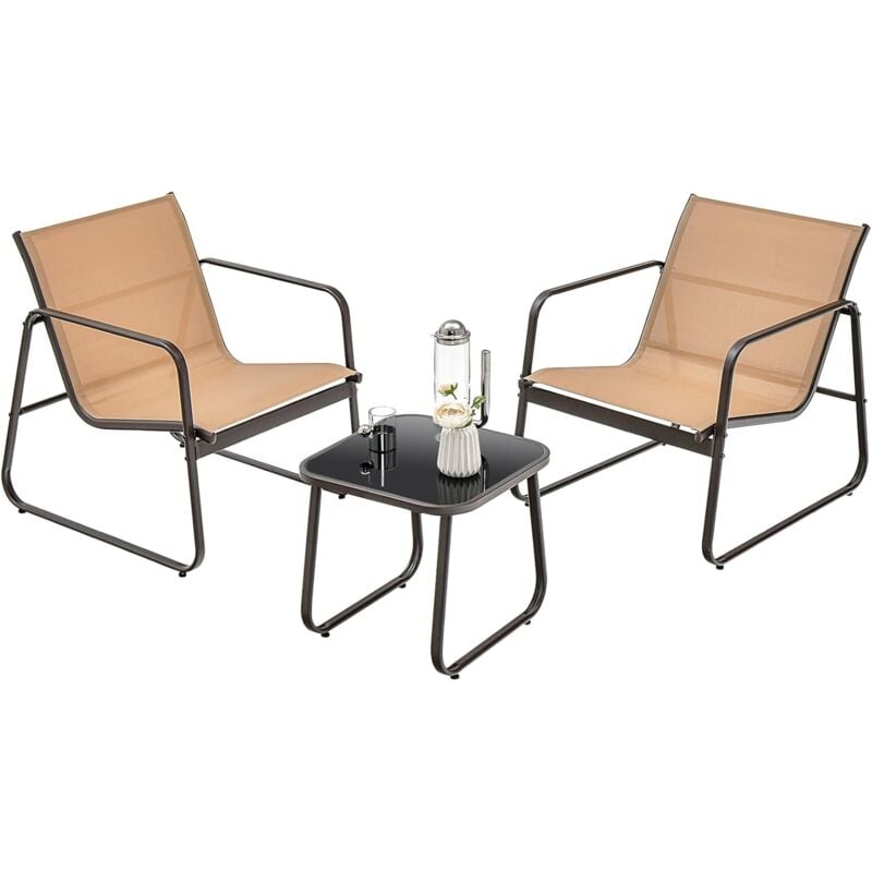 COSTWAY Salon de Jardin 3 Pcs Tissu Respirant et Cadre Métallique Charge 150KG, Ensemble de Meubles de Patio avec Table en Verre Trempé, pour Cour