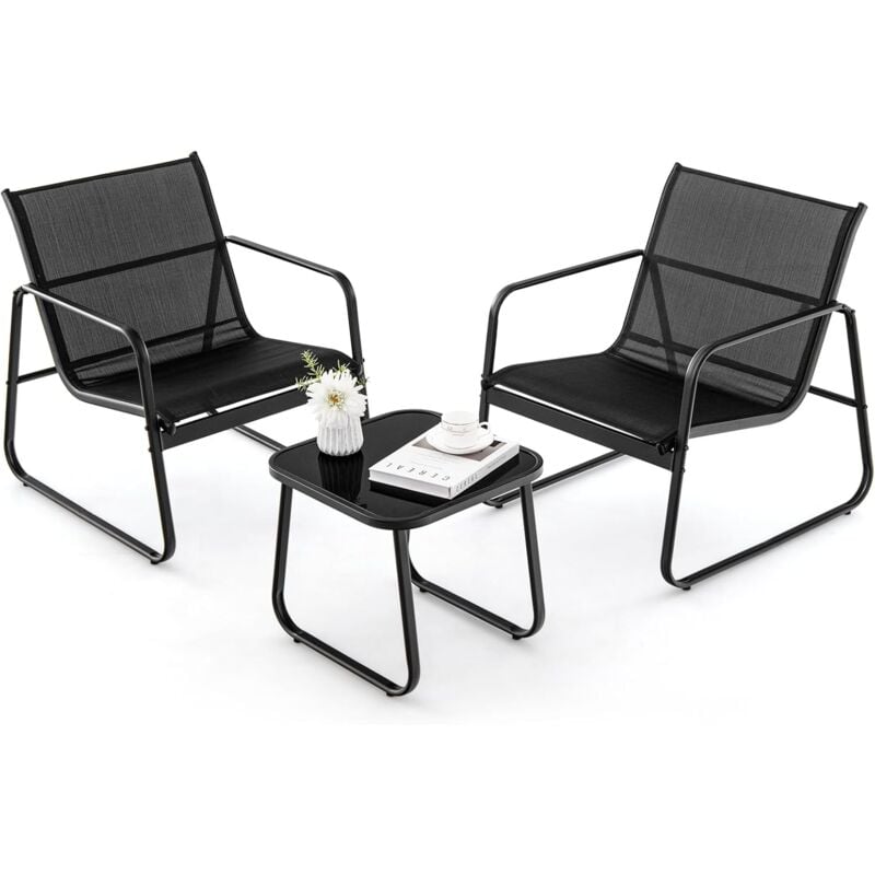 Costway - Salon de Jardin 3 Pcs Tissu Respirant et Cadre Métallique Charge 150KG, Ensemble de Meubles de Patio avec Table en Verre Trempé, pour Cour