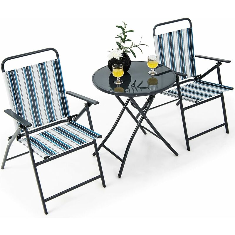 costway - salon de jardin 3 pièces pour patio cadre métallique avec table basse en verre trempé, ensemble de chaises et table pliantes portables pour