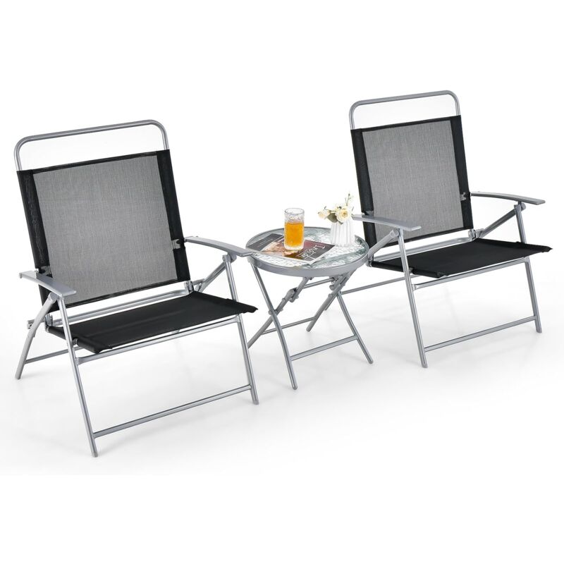 COSTWAY Salon de Jardin 3 Pièces pour Patio Cadre Métallique avec Table Basse en Verre Trempé, Ensemble de Chaises et Table Pliantes Portables pour