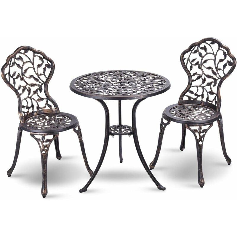 Salon de Jardin 3Pcs en Fonte Aluminium, Ensemble 2 Chaises et 1 Table Ronde Style Rétro avec Motif Feuille pour Balcon, Terasse, Jardin Brun