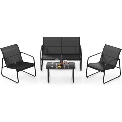 COSTWAY Salon de Jardin 4 Pièces avec 2 Chaises Table en Verre Trempé et Causeuse, Ensemble de Meuble Extérieur en Tissu Respirant Cadre Métallique, pour Porche Bord de Piscine Balcon