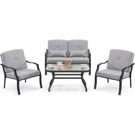 COSTWAY Salon de Jardin 4 Pièces avec Table Basse en Verre Trempé et Coussins Charge 300KG, Ensemble de Canapés de Terrasse avec Cadre Métallique 4 Places, pour Patio Balcon Terrasse