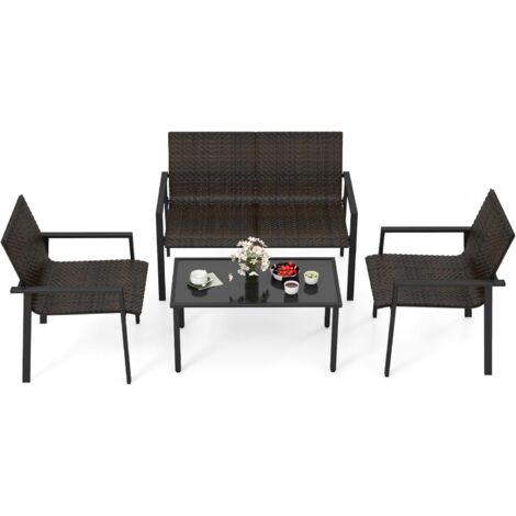 COSTWAY Salon de Jardin 4 Pièces en Osier Charge 150-300KG, Ensemble de Meubles de Patio avec Cadre en Métal Galvanisé et Table Basse en Verre Trempé pour Patio Balcon Terrasse (Marron)