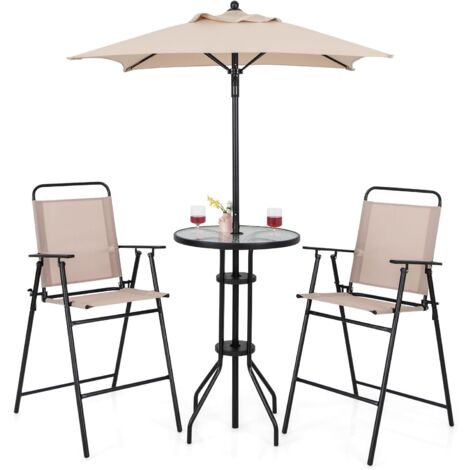 Costway – Ensemble salon de jardin 4 pièces – Cadre métallique avec table basse en verre trempé – 2 chaises pliantes – Parasol 4 cm pour porche cour