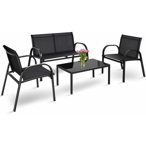 Costway – Salon de jardin 4 places en textilène – 2 chaises, 1 banc, 1 table basse vitrée – Cadre en métal noir pour balcon/terrasse/patio