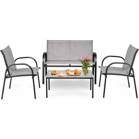 Costway – Salon de jardin 4 places en textilène – 2 chaises, 1 banc, 1 table basse vitrée – Cadre métal résistant aux UV – Pour balcon et terrasse
