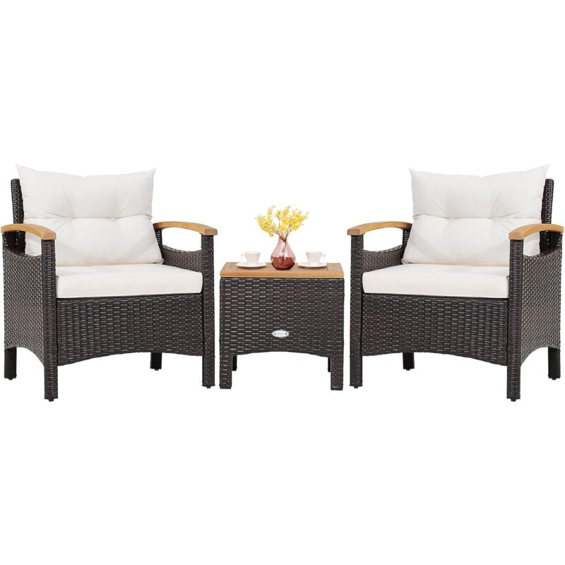 Salon de Jardin en Rotin - 3 Pièces - Table Basse et 2 Fauteuils avec Coussin Amovible - Accoudoirs en Bois d'Acacia - Costway