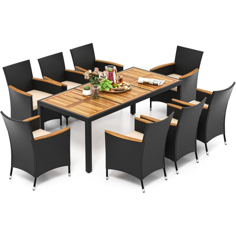 Salon de Jardin en Rotin 9 Pièces pour 8 Personnes Plateau de Table en Acacia, Ensemble de Salle à Manger de Patio avec Coussins Amovibles Trou pour