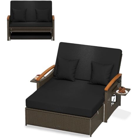COSTWAY Salon de Jardin en Rotin avec Ottoman de Rangement Charge 360KG, Bain de Soleil avec Plateau Latéral Rétractable Dossier Réglable Coussins 4 Positions, Canapé à 2 Places (Noir)