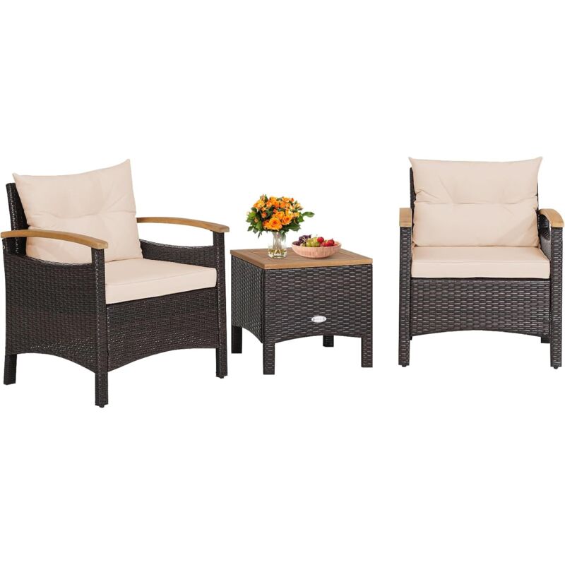 Salon de Jardin Exterieur 3 Pièces de Patio en Rotin Charge 160KG, Ensemble de Meubles 2 Fauteuils Table Basse avec Coussin Amovible Accoudoirs en