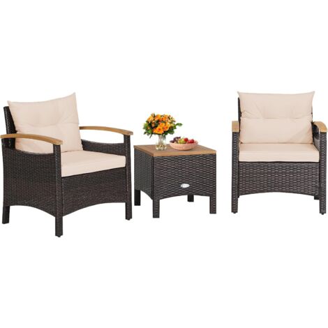COSTWAY Salon de Jardin Exterieur 3 Pièces de Patio en Rotin Charge 160KG, Ensemble de Meubles 2 Fauteuils Table Basse avec Coussin Amovible Accoudoirs en Bois d’Acacia (Jaune Terre)