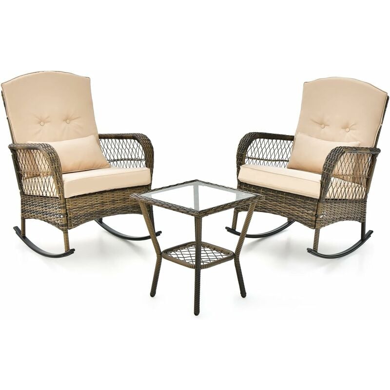 Salon de Jardin Extérieur 2 Places, 2 Chaises à Bascule en Rotin pe et Table d'Appoint en Verre Trempé, Coussins Inclus, Ensemble Table et Chaises de