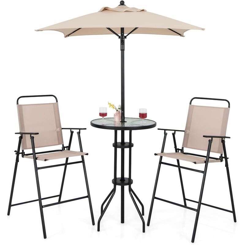 GOPLUS Salon de Jardin 4 Pièces avec Table de Bar en Verre Trempé 2 Chaises Pliantes & Parasol-Cadre Métallique Robuste Beige