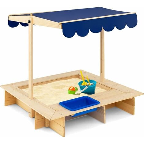COSTWAY Sandkasten Holz, Sandbox mit verstellbarem Dach & seitlicher Eimer, bodenloses Design, Sandkiste für Kinder 115 x 115 x 121 cm