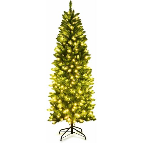 COSTWAY Sapin de Noël Artificiel 150cm avec Lumières Blanc Chaud 300 Branches,Support en Fer Robuste,Installation Facile