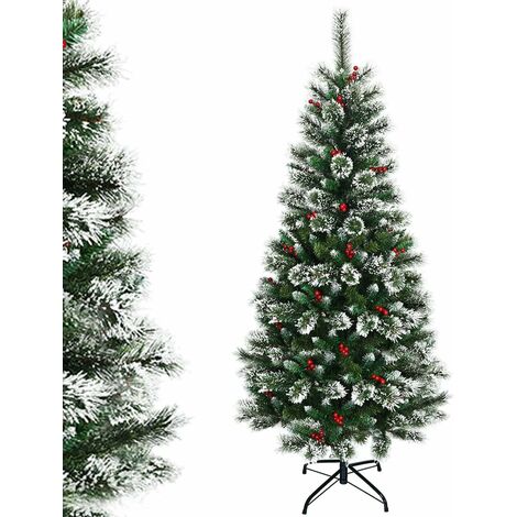 COSTWAY Sapin de Noël Artificiel 180cm avec Flocons de Neige avec Baies Rouges Dense,Base en Métal 100% PVC Décoration de Vacances