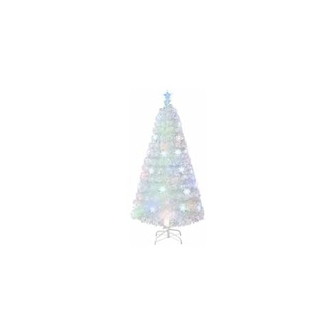 COSTWAY Sapin de Noël Artificiel à Fibre Optique Pré-éclairé 120 cm, Blanc avec Feuilles Irisées, Lumières LED Flocon de Neige Multicolores, Lumière Etoilée Supérieure, pour Bureau, Maison