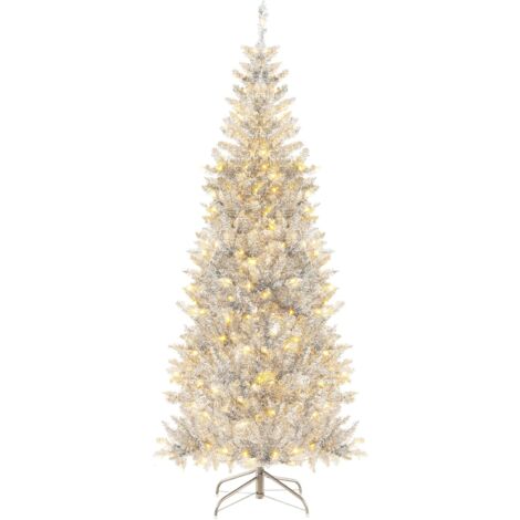 COSTWAY Sapin de Noël Artificiel avec Lumières LED, Arbre Crayon de Noël avec 790 Branches, Hauteur 180 cm, Argenté et Vert