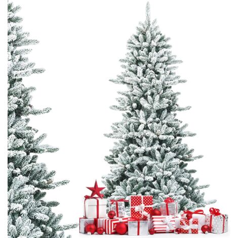 Costway – Sapin de Noël artificiel flocons de neige 210 cm – 1108 pointes – Support métallique pliable – Pommes de pin décoratives – Inodore et ignifugé