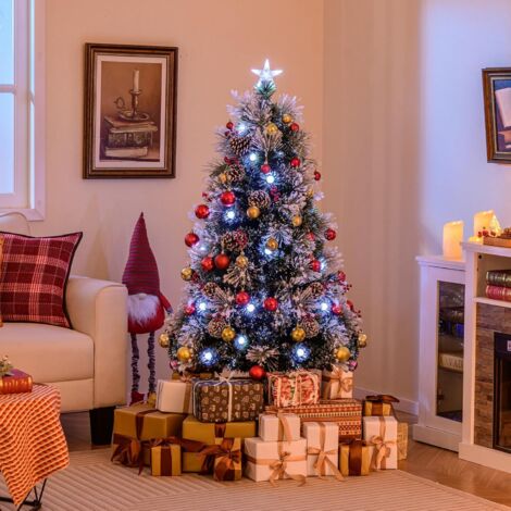 Costway – Sapin de Noël artificiel floqué 150 cm – 170 pointes de branches – 49 lumières LED – 8 modes d'éclairage – 18 grappes de baies rouges