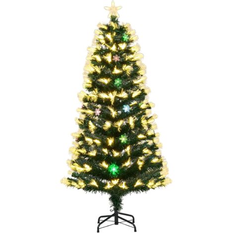 COSTWAY Sapin de Noël Artificiel Illuminé de 150 cm avec 8 Modes d'Éclairage, 170 Branches, 20 Flocons de Neige, Arbre de Noël avec Une Étoile au Sommet et Un Socle Métallique Pliable (150 cm)