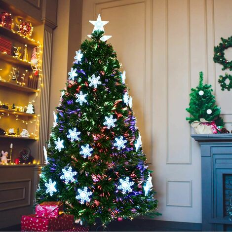 COSTWAY Sapin de Noël Artificiel LED - Avec fibre optique - Lumière Variable avec étoile à la Cime et décorations de neige - 180 cm