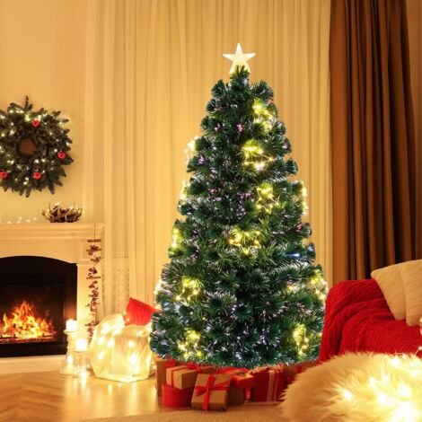 Costway – Sapin de Noël artificiel pré-éclairé 150 cm – 24 guirlandes lumineuses – 170 pointes de branches – Base métallique stable – PVC ignifuge