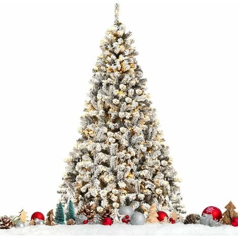 COSTWAY 225 CM, Arbre de Noël Floqué avec 450 LED et 1010 Branches, Matériel PVC Sapin de Noël avec Socle en Métal, Idéal pour Une décoration de Noël